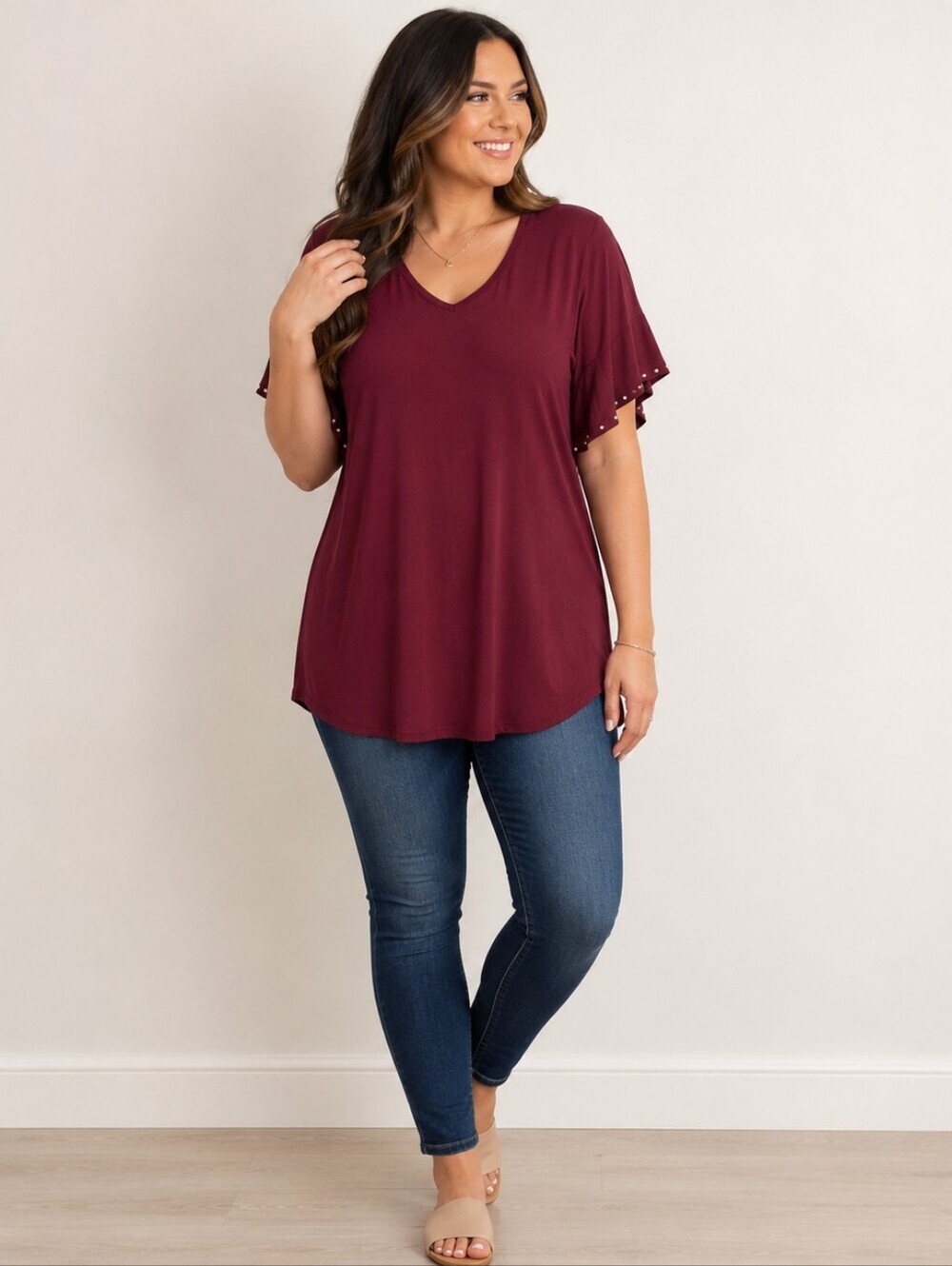 APT. 9 Burgundy Embellished Flutter Sleeve Tunic Top Medium